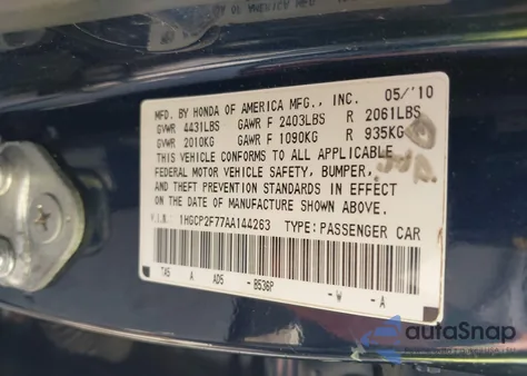 2010 Honda Accord 2.4 Ex z USA, uszkodzony, nr VIN 1HGCP2F77AA144263